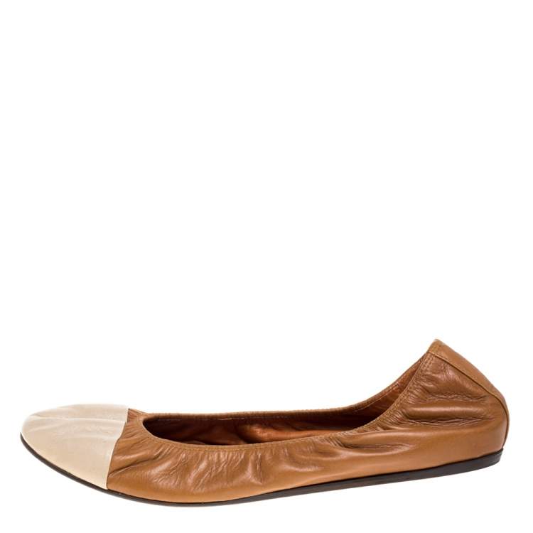 Pre Owned Lanvin Brown/White Leather Scrunch Ballet Flats Size 42