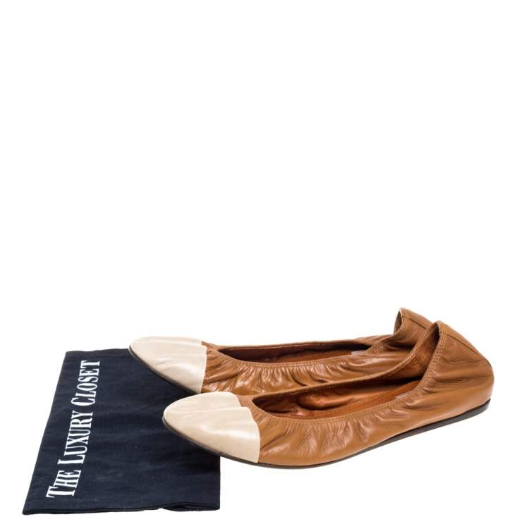 Pre Owned Lanvin Brown/White Leather Scrunch Ballet Flats Size 42