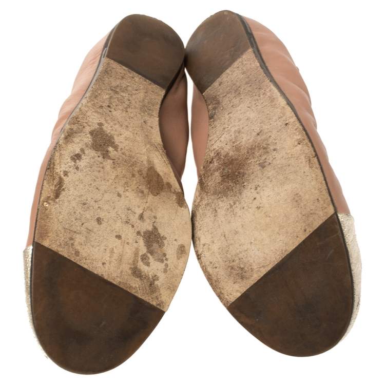 Pre Owned Lanvin Nude/Silver Leather Scrunch Ballet Flats Size 37
