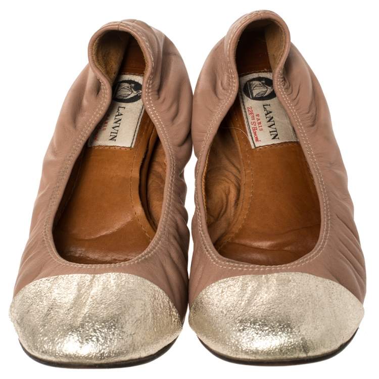 Pre Owned Lanvin Nude/Silver Leather Scrunch Ballet Flats Size 37