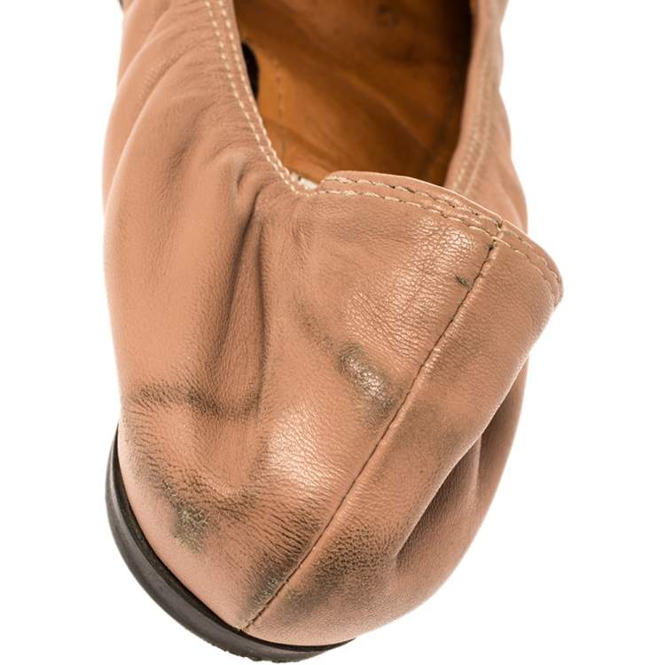 Pre Owned Lanvin Nude/Silver Leather Scrunch Ballet Flats Size 37