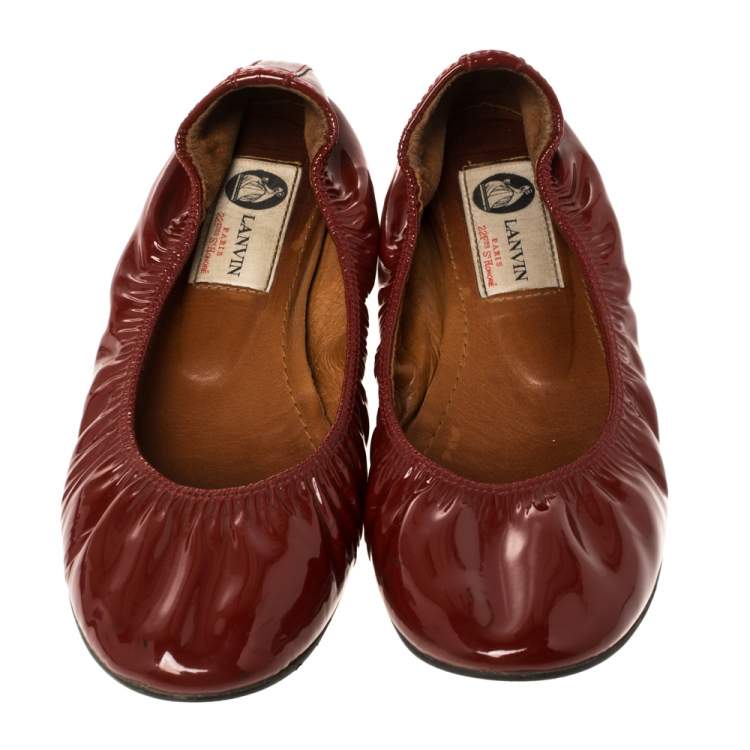 Pre Owned Lanvin Red Patent Leather Scrunch Ballet Flats Size 38
