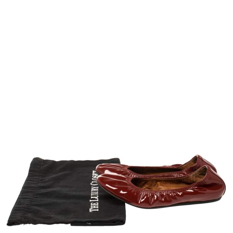 Pre Owned Lanvin Red Patent Leather Scrunch Ballet Flats Size 38