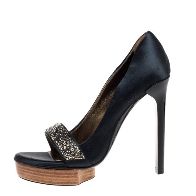 Pre Owned Lanvin Dark Green Satin Crystal Embellished Open Toe Platform Pumps Size 36