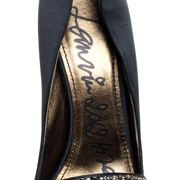 Pre Owned Lanvin Dark Green Satin Crystal Embellished Open Toe Platform Pumps Size 36