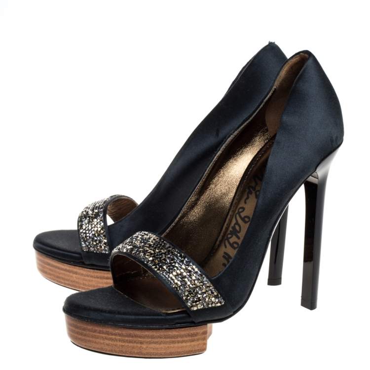 Pre Owned Lanvin Dark Green Satin Crystal Embellished Open Toe Platform Pumps Size 36