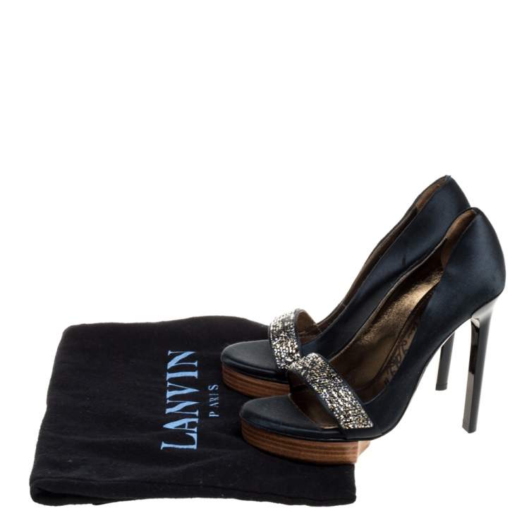 Pre Owned Lanvin Dark Green Satin Crystal Embellished Open Toe Platform Pumps Size 36