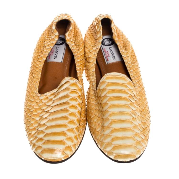 مملوكة مسبقًا Lanvin Yellow Python Scrunch Smoking Slippers Size 40