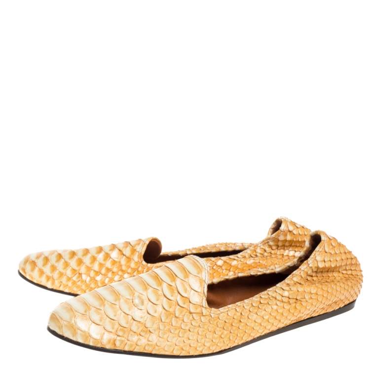 مملوكة مسبقًا Lanvin Yellow Python Scrunch Smoking Slippers Size 40