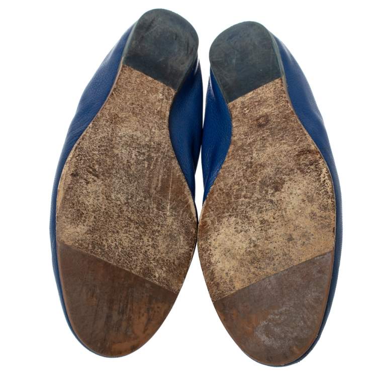 Pre Owned Lanvin Blue Leather Scrunch Smoking Slippers Size 37.5