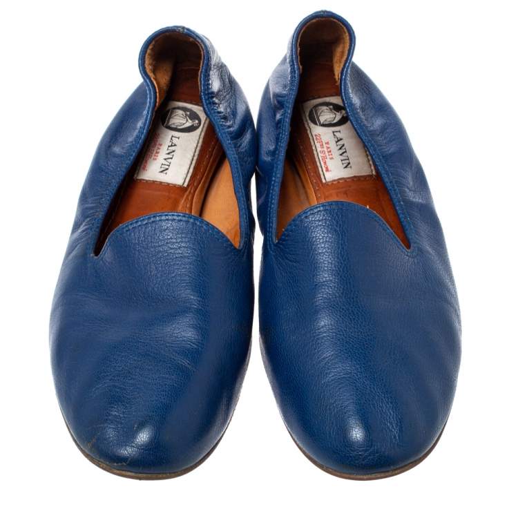 Pre Owned Lanvin Blue Leather Scrunch Smoking Slippers Size 37.5