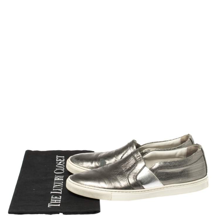 Pre Owned Lanvin Metallic Grey Leather Slip On Sneakers Size 37