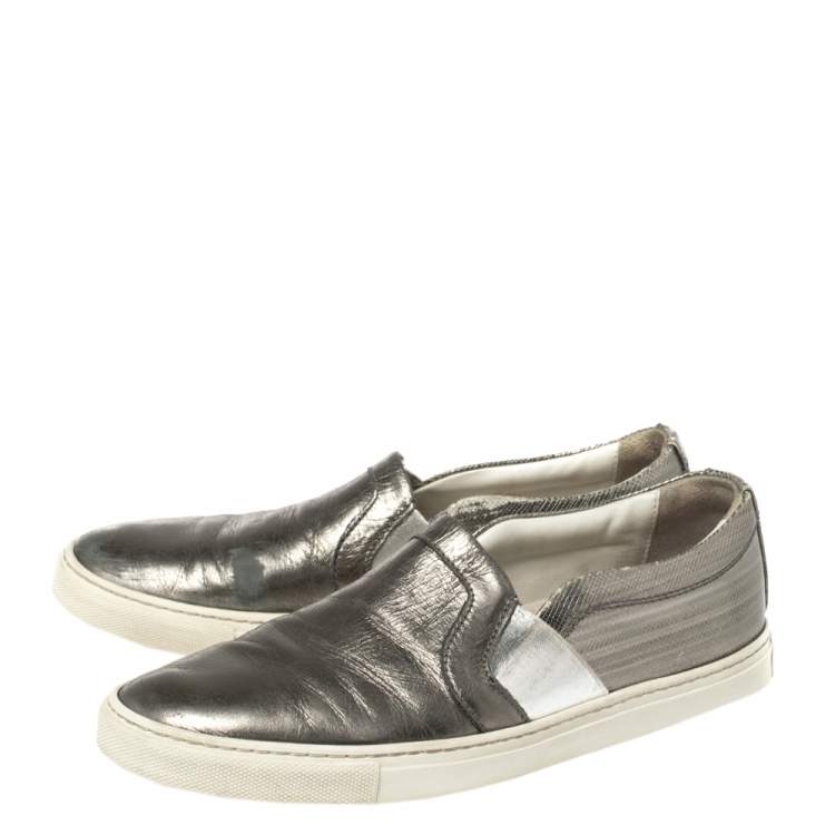 Pre Owned Lanvin Metallic Grey Leather Slip On Sneakers Size 37