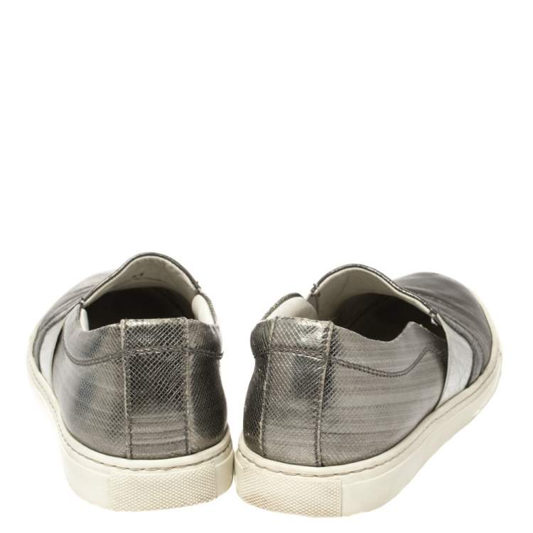 Pre Owned Lanvin Metallic Grey Leather Slip On Sneakers Size 37