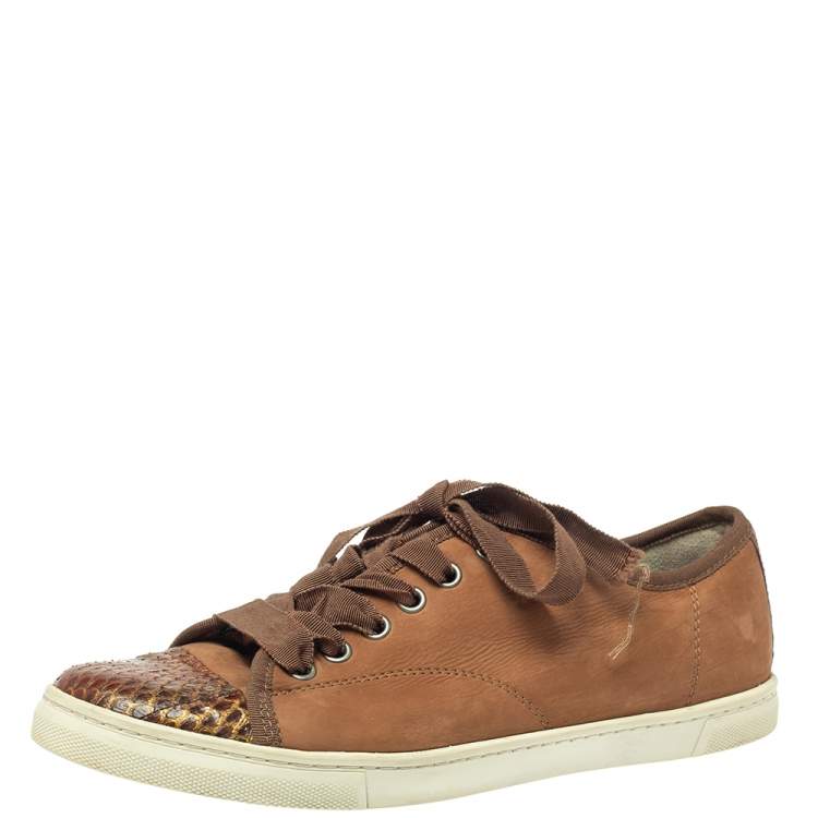 Lanvin Brown Nubuck Leather And Python Cap Toe Sneakers Size 39.5 | TLC