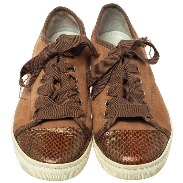Pre Owned Lanvin Brown  Nubuck Leather And Glitter Python Cap Toe Sneakers Size 39.5