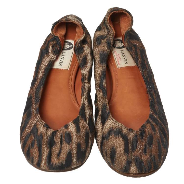 Pre Owned Lanvin Black/Brown Brocade Fabric Leopard Print Ballet Flats Size 39