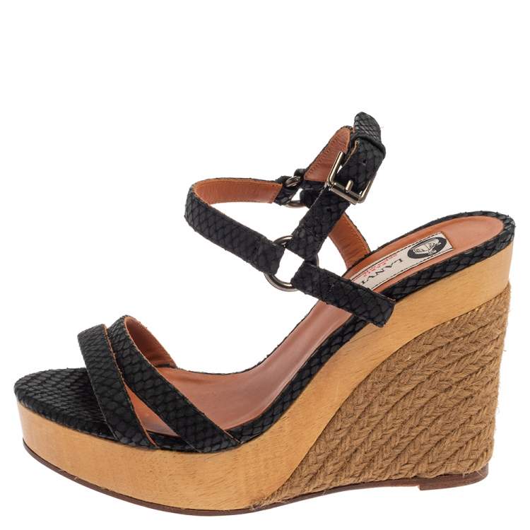 Pre Owned Lanvin Black Python Embossed Leather Strap Wedge Sandals Size 37