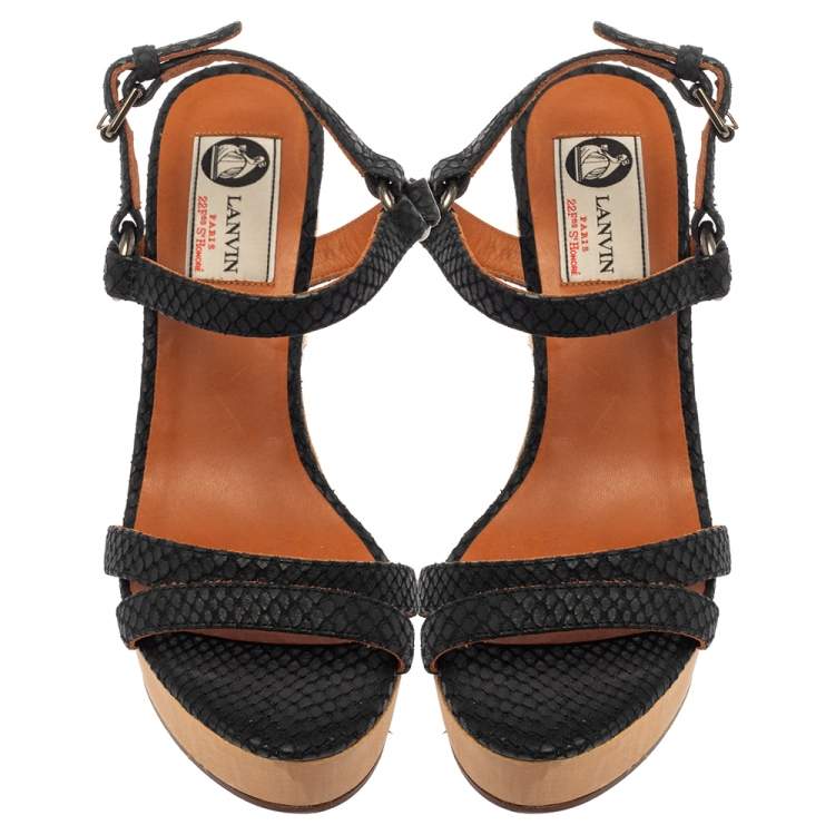 Pre Owned Lanvin Black Python Embossed Leather Strap Wedge Sandals Size 37
