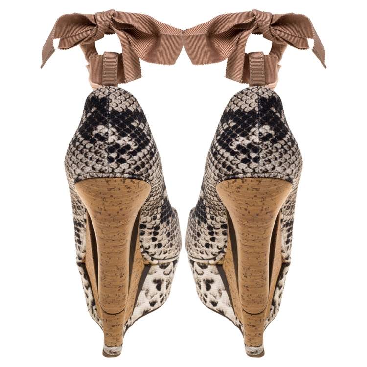 Pre Owned Lanvin Two Tone Snake Print Canvas Escarpin Wedge Pumps Size 38