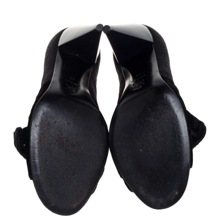 Pre Owned Lanvin Black Felt And Velvet Bow Embellished Open Toe Pumps Size 40
