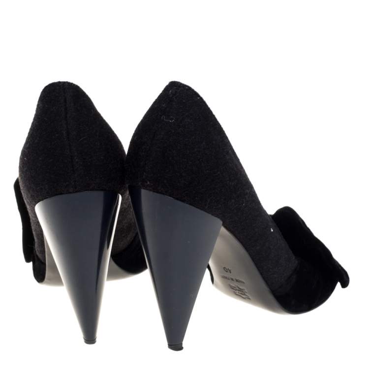 Pre Owned Lanvin Black Felt And Velvet Bow Embellished Open Toe Pumps Size 40