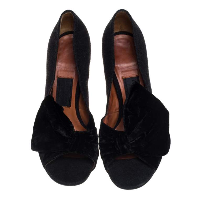 Pre Owned Lanvin Black Felt And Velvet Bow Embellished Open Toe Pumps Size 40