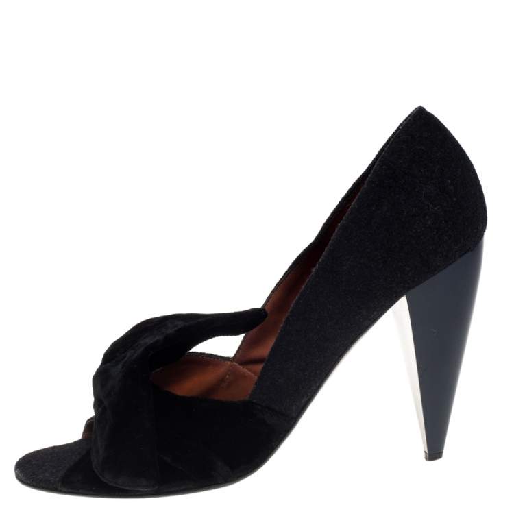 Pre Owned Lanvin Black Felt And Velvet Bow Embellished Open Toe Pumps Size 40