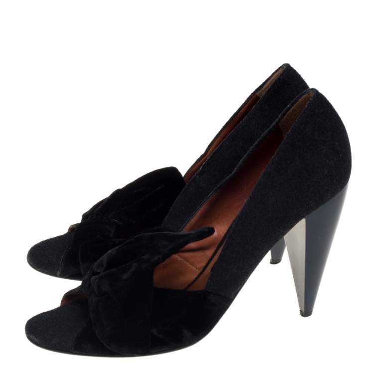 Pre Owned Lanvin Black Felt And Velvet Bow Embellished Open Toe Pumps Size 40