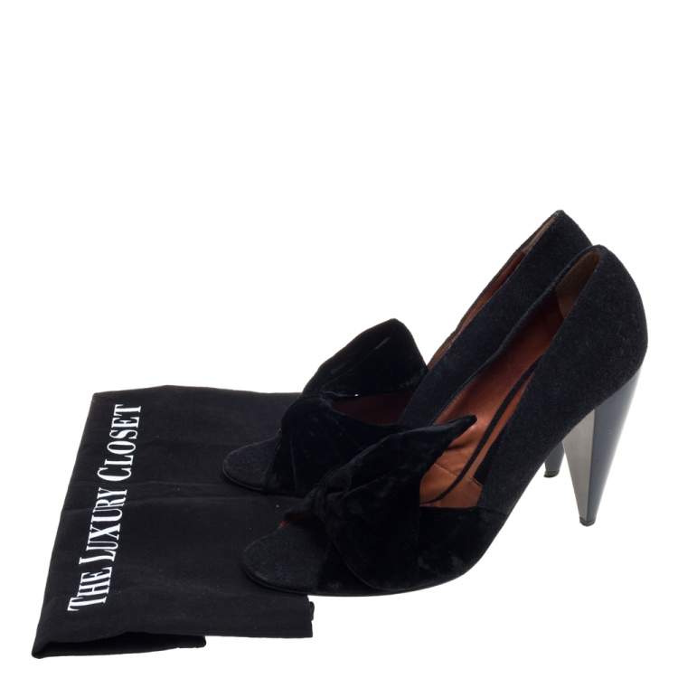Pre Owned Lanvin Black Felt And Velvet Bow Embellished Open Toe Pumps Size 40