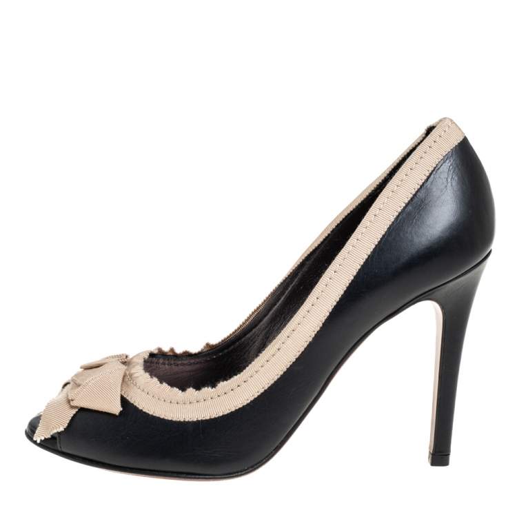 Pre Owned Lanvin Black Leather And Fabric Grosgrain Bow Peep Toe Pumps Size 38