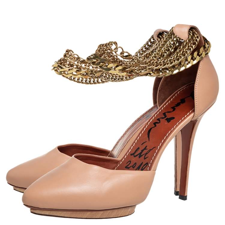 Pre Owned Lanvin Beige Leather Chain Ankle Strap D'orsay Platform Pumps Size 40
