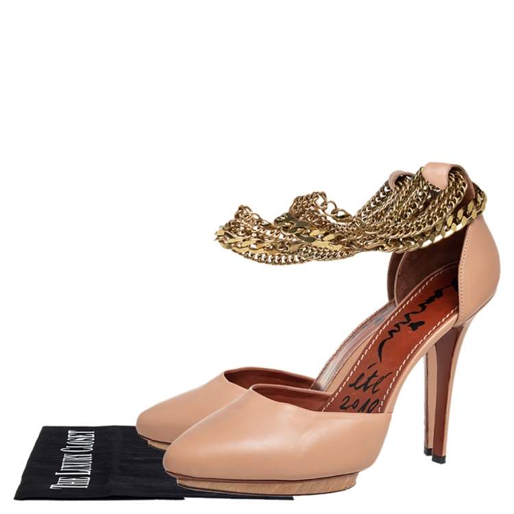Pre Owned Lanvin Beige Leather Chain Ankle Strap D'orsay Platform Pumps Size 40