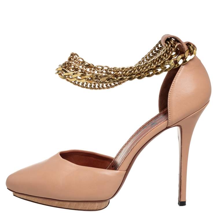 Pre Owned Lanvin Beige Leather Chain Ankle Strap D'orsay Platform Pumps Size 40