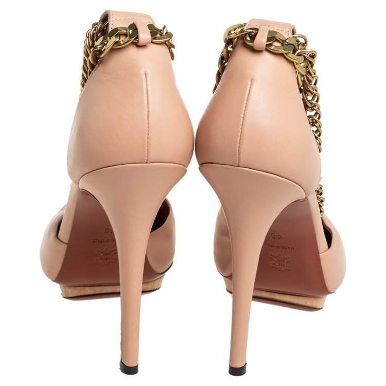 Pre Owned Lanvin Beige Leather Chain Ankle Strap D'orsay Platform Pumps Size 40