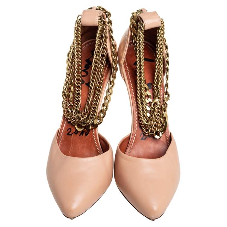 Pre Owned Lanvin Beige Leather Chain Ankle Strap D'orsay Platform Pumps Size 40