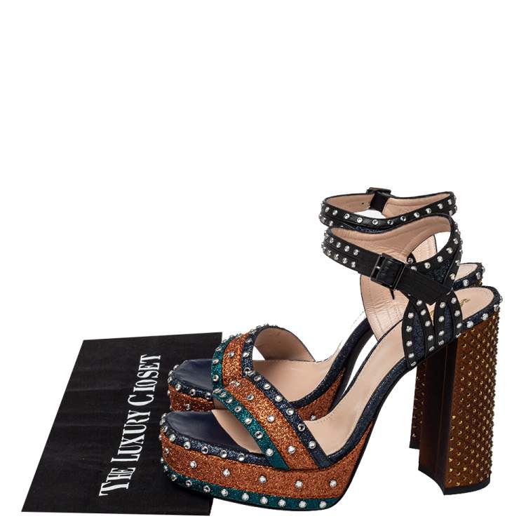 Pre Owned Lanvin Multicolor Leather And Glitter Crystal Embellishment Platform Ankle Strap Sandals Size 38.5