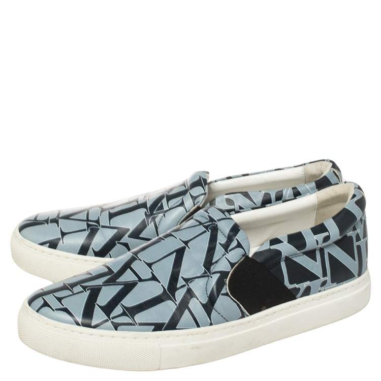 Pre Owned Lanvin Blue Logo Print Leather Slip On Sneakers Size 38