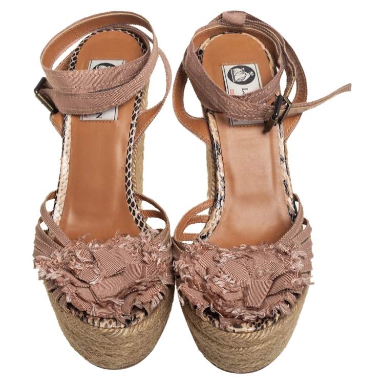 Pre Owned Lanvin Pink Fabric Flower Espadrilles Wedge Size 39