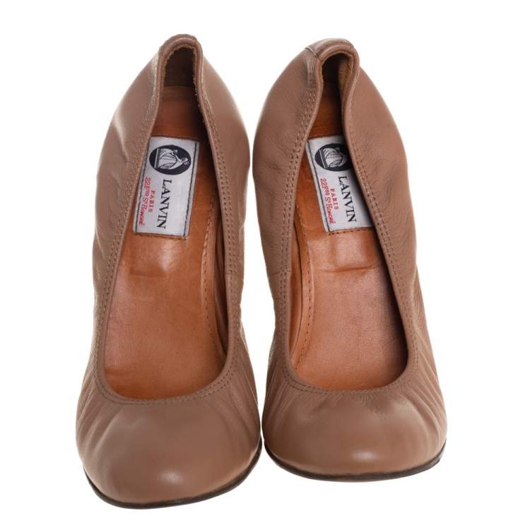 Pre Owned Lanvin Brown Leather Scrunch Wedge Pumps Size 37