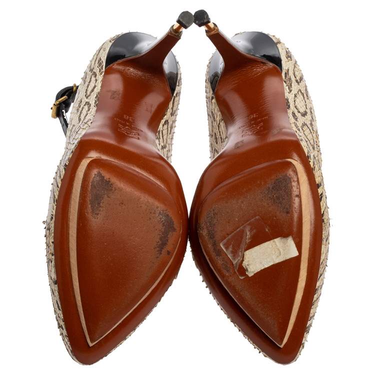 Pre Owned Lanvin White/Brown Snakeskin Leather Ankle Strap Pumps Size 36