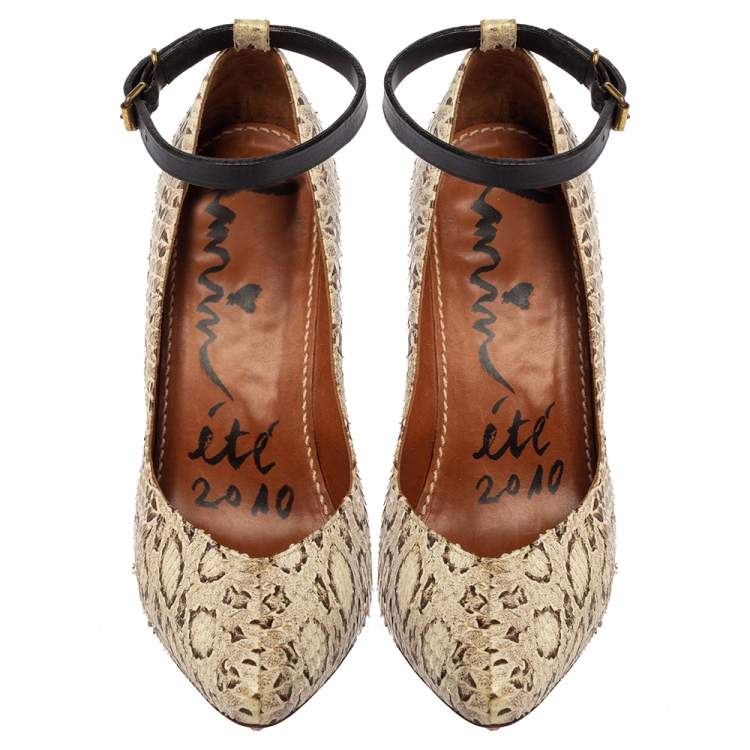 Pre Owned Lanvin White/Brown Snakeskin Leather Ankle Strap Pumps Size 36
