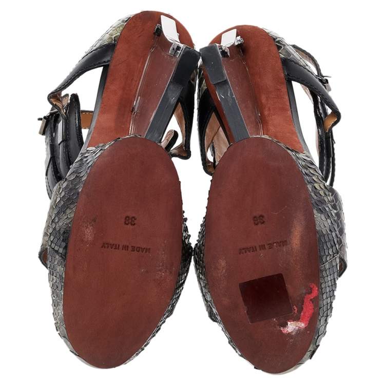 Pre Owned Lanvin Green/Black Python And Leather Wedge Platform Ankle Strap Sandals Size 38