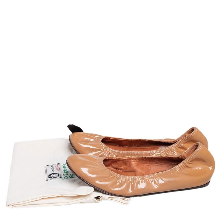 Pre Owned Lanvin Tan Patent Leather Scrunch Ballet Flats Size 38