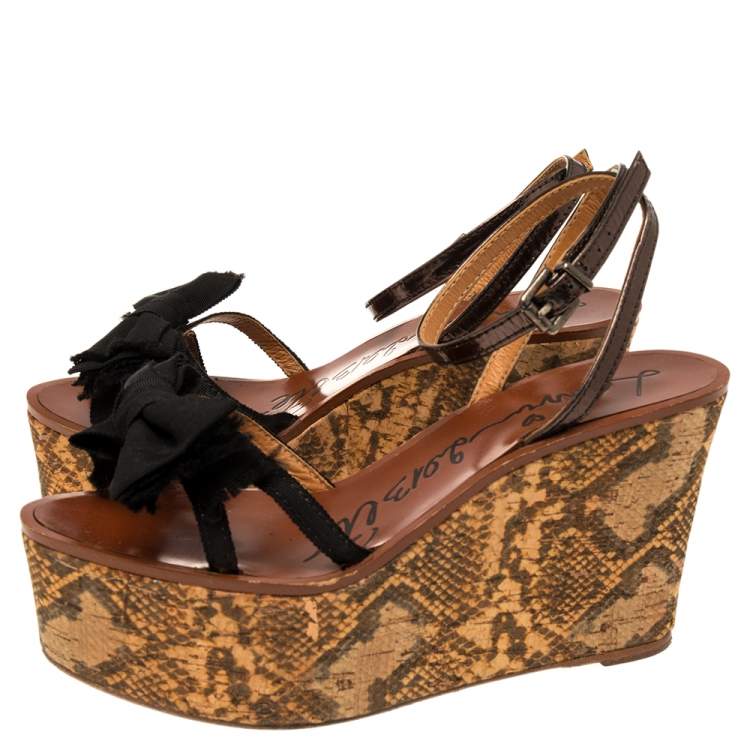 Pre Owned Lanvin Metallic/Black Canvas and Leather Bow Python Print Platform Wedge Sandals Size 39