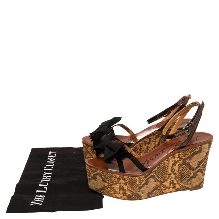 Pre Owned Lanvin Metallic/Black Canvas and Leather Bow Python Print Platform Wedge Sandals Size 39
