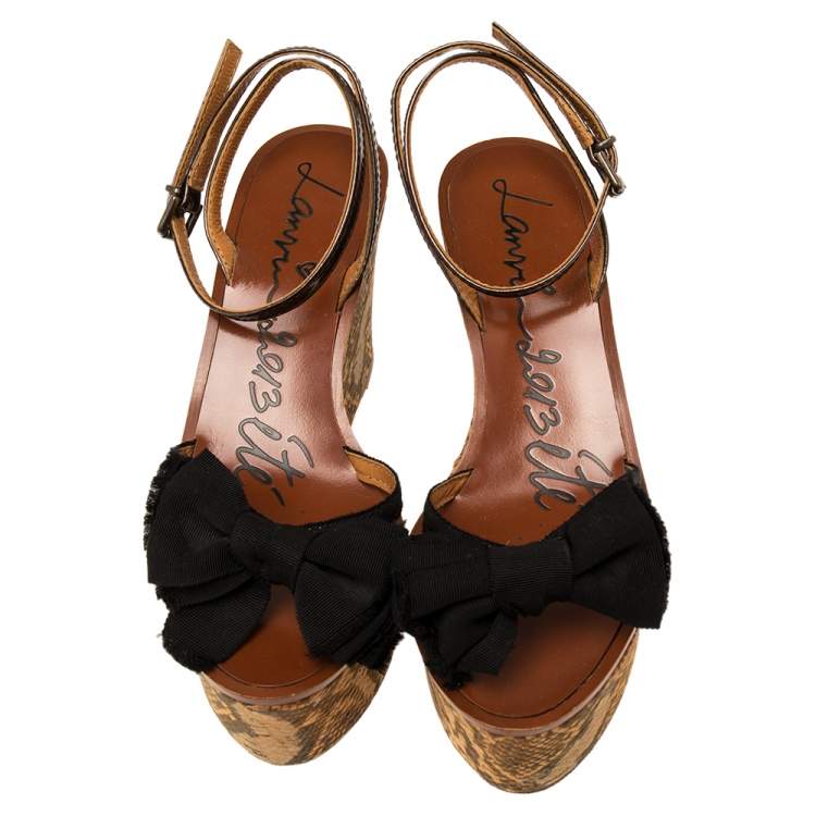 Pre Owned Lanvin Metallic/Black Canvas and Leather Bow Python Print Platform Wedge Sandals Size 39