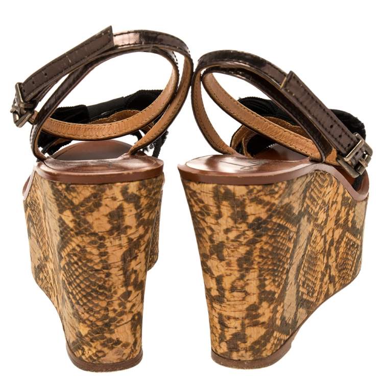 Pre Owned Lanvin Metallic/Black Canvas and Leather Bow Python Print Platform Wedge Sandals Size 39