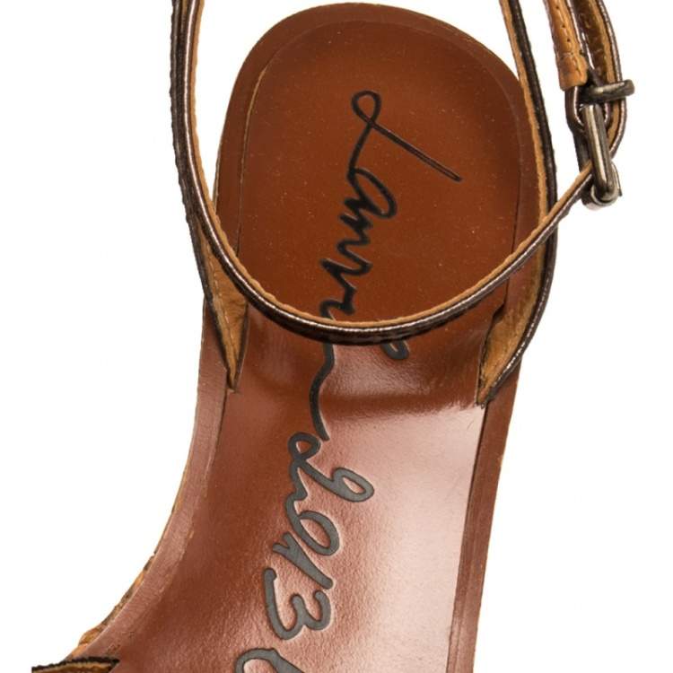 Pre Owned Lanvin Metallic/Black Canvas and Leather Bow Python Print Platform Wedge Sandals Size 39