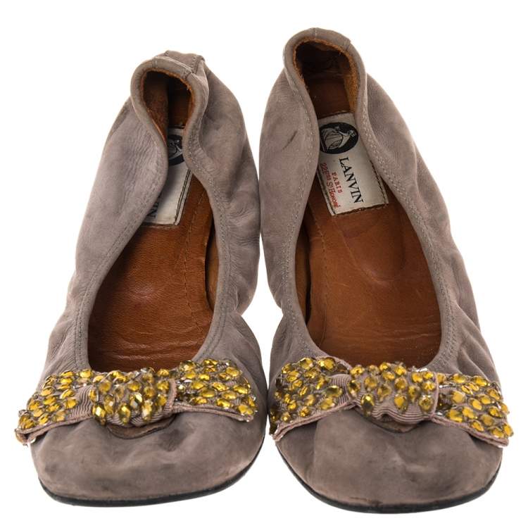 Pre Owned Lanvin Grey Suede Bow Scrunch Ballet Flats Size 39